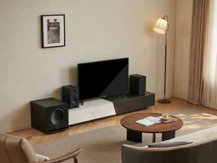 Living room, corner view, black TV on black and white marble-effect furniture, speakers and subwoofer, floor lamp, wooden coffee table