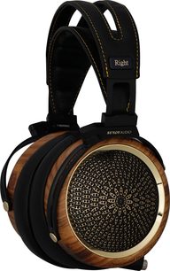 Otevřená hifi sluchátka Sendy Audio Peacock Zebra, zebrové a černé dřevo, kulaté náušníky, zlatá mřížka, černý kožený hlavový most