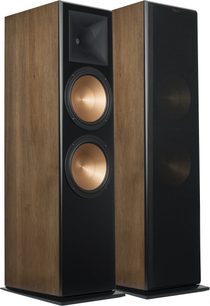 To Klipsch RF-7 III gulvhøjtalere i valnøddefarvet finish, set forfra, med to runde højttalere i hver