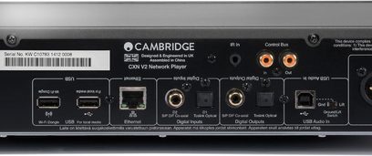 Cambridge Audio CXN V2 netværksaudioafspiller sølv, bagside, lyd- og netværksforbindelser, serienummer, fremstillet i Kina