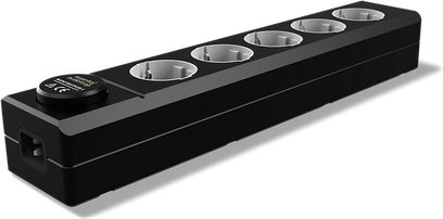 Sort EAT Essential Audio Tools MM5 multistikdåse med 5 runde, forsølvede metalkontakter, set oppefra