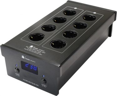 Bada LB6610 fekete elosztó, 8 aljzat, hálózati szűrő, főkapcsoló, LED kijelző, elölnézet