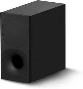 Sony HT-S400, sort subwoofer i sort, rektangulær form, metalgitter øverst, cirkulær åbning nederst, set i perspektiv