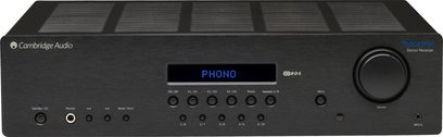 Cambridge Audio Topaz SR20 stereoforstærker, sort front med knapper, volumenkontrol, blåt "PHONO" display, set forfra