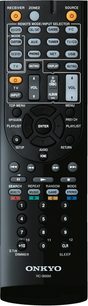 Sort Onkyo RC-866M fjernbetjening med grå og orange knapper, set forfra