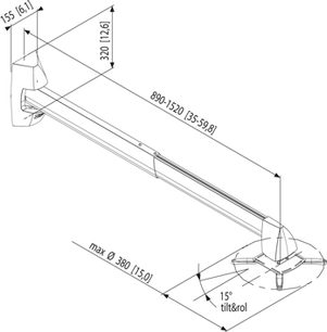 Teknisk diagram med målsætninger for en loftmonteringsenhed til en vippet og drejelig videoprojektor med 15 graders hældning