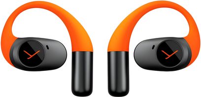 Beyerdynamic Amiron 200 sport-øretelefoner i orange og sort plast, bløde ørekroge, set forfra
