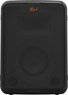 Přenosný Bluetooth reproduktor Klipsch Vegas, pohled zepředu, perforovaná černá mřížka, zlaté logo nahoře, zaoblený černý rám