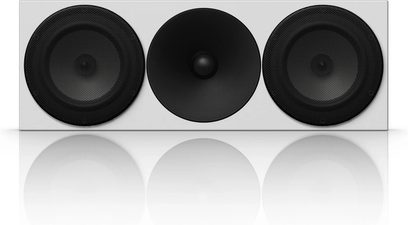 Amphion Argon 5C centrale luidspreker, zwart en wit, 3 ronde zwarte luidsprekers tegen een witte achtergrond, vooraanzicht
