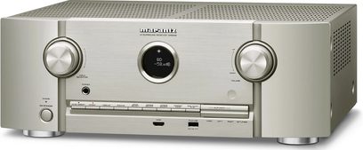 Marantz SR6006 silver gold hemmabioanläggning, silverfärgad frontpanel med knappar och digital display, framifrånvy