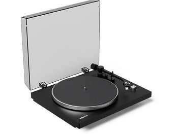 Giradischi Kanto OBI3 G2 nero con coperchio trasparente sollevato e piatto circolare grigio