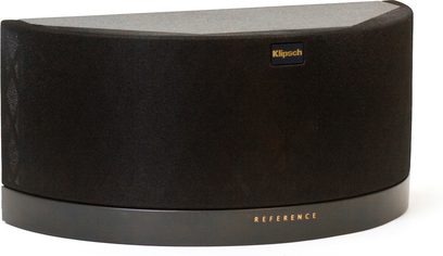Sort Klipsch Reference højttaler, set forfra, med afrundet rektangulær form, sort gitterbeklædning på forsiden