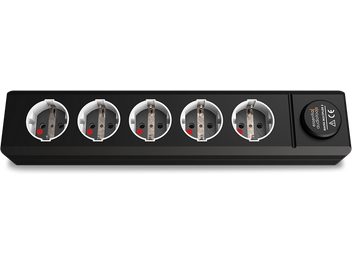 EAT Essential Audio Tools MM5 melnā kontaktligzda, 5 Schuko kontaktligzdas, slēdzis, sarkani indikatori, biezs kabelis