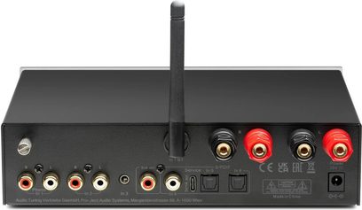 Geïntegreerde stereo hi-fi versterker Pro-Ject Stereo Box E zwart, achteraanzicht, RCA-aansluitingen, luidsprekerterminals, antenne, optische poorten, voeding