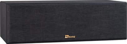 Centrálny reproduktor Davis Acoustics Krypton C technik čierny, pohľad spredu, obdĺžnikový tvar, čierna mriežka, zlaté logo vpravo dole