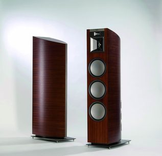 Klipsch Palladium P-39-F søjlehøjttalere espresso, mørkt træ, 3 runde højttalere, diskanthøjttaler øverst, set forfra