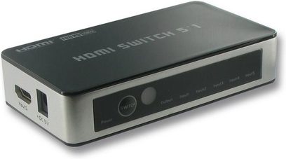 HDMI-switch 5 til 1 Connect Research CBH5001, antracitgrå kabinet, 5 lysdioder, 3 knapper, for- og bagside