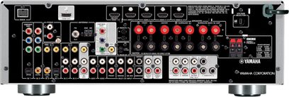 Yamaha RX-V667 hjemmebiograf-forstærker, frontpanel, mange audio/video-stik, knapper og drejeknapper til justering