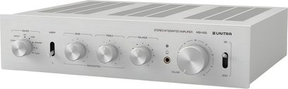 Ampliforsterker Unitra WSH-605 i sølv med børstet metall, 3/4 fremre høyre visning, store knapper, hodetelefonuttak 6,35 mm