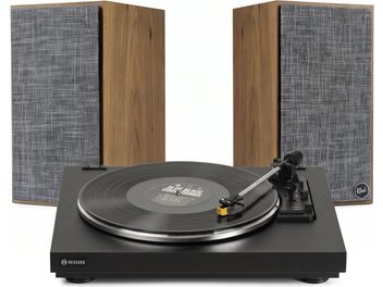 Svart Rekord-vinylspiller med to Klipsch-høyttalere i trelook og grå fronter