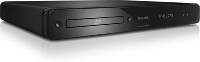 Reproductor Blu-ray 4K Philips BDP3000, vista frontal, forma rectangular alargada negra, panel frontal con logotipo de Philips, botón de encendido, bandeja para disco
