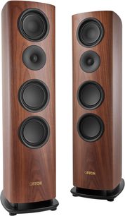 Altavoces de columna Canton Reference 7 en nogal, par con acabado en madera de nogal y altavoces negros sobre base negra