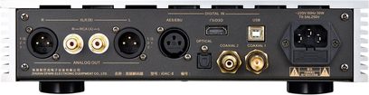Cayin iDAC-8 audio converter in black and silver aluminum, rear view, featuring two XLR outputs, two gold-plated RCA outputs, one AES/EBU socket, I²S/DSD HDMI and USB-B ports, Toslink optical input, two gold coaxial inputs, and IEC power socket