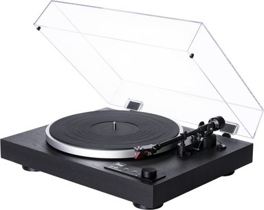 Πικάπ hi-fi Dual CS 429 μαύρο με ξύλινο φινίρισμα, μαύρο πλατό με αλουμινένιο περίγραμμα, βραχίονα ανάγνωσης τοποθετημένο δεξιά και διαφανές ακρυλικό καπάκι ανασηκωμένο, λήψη από δεξιά μπροστά τριών τετάρτων