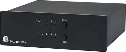 Convertisseur audio DAC Pro-Ject DAC Box S2+ noir, façade avant avec voyants LED et deux boutons Input et Filter