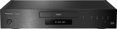 Panasonic DP-UB9000EG1 juodas 4K „Blu-ray" grotuvas, priekinis vaizdas su LED ekranu, mygtukais ir disko skyreliu