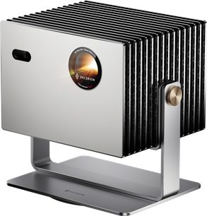 Valerion StreamMaster Plus 2 video projector in silver and black aluminum, smooth front with a bright circular lens and rectangular sensor, overlapping side cooling fins, mounted on a swiveling metal stand, three-quarter front view