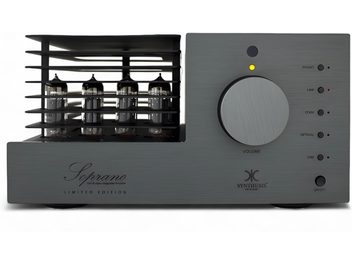 Integruotas stereo stiprintuvas su lempomis Synthesis Art In Music, Soprano LE titanas, vaizdas iš priekio, matomos lempos kairėje, garsumo mygtukas dešinėje
