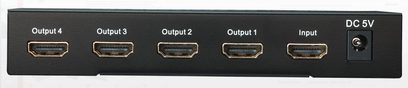 HDMI-splitter 1 til 4 Lindy 38058 sort, bagside, 4 nummererede HDMI-outputporte, 1 HDMI-indgangsport, 1 DC 5V strømforsyningsport