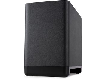 Polk Audio SUB React žemų dažnių garsiakalbis, matinės juodos spalvos, vaizdas iš priekio, suapvalinta kubinė forma, priekinėje dalyje juodos spalvos grotelės