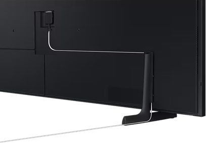 Samsung højdefinitions-tv F-TQ65LS03D-BF, set bagfra, sort skærm, hvidt kabel tilsluttet, sort stativ