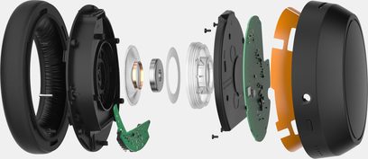Eksploderet visning af et Sennheiser Momentum 4 Wireless sort hovedsæt, der viser de forskellige interne komponenter på hvid baggrund