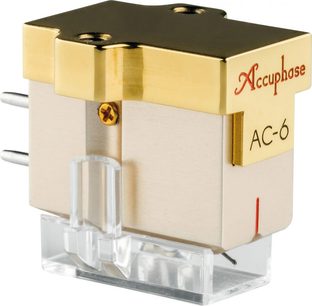 Cell за винилова плоча Accuphase AC-6, изглед от три четвърти, златист корпус, прозрачна основа, 2 метални контакта