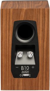 Cassa acustica Motion B10 noce vista posteriore con condotto circolare nero, terminali di connessione argentati e scritte bianche