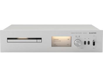 CD-afspiller Unitra CSH-801 i børstet aluminium, set forfra, med spalte til venstre, skærm, drejeknap, knapper og kontakt