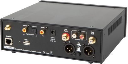 Pro-Ject Stream Box RS sort netværksaudioafspiller, front med lyd- og netværksforbindelser, frontvisning