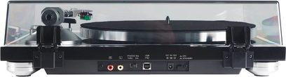 TEAC TN-350 sort pladespiller set forfra, drejeskive, tonarm, stik og betjeningsknapper på forsiden