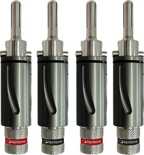 Set mit 4 NorStone BLS 500 Bananensteckern in Silber und Schwarz mit gerändelten Schraubanschlüssen
