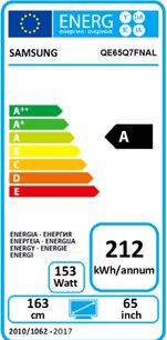 Europæisk energimærke for en 65" Samsung QE65Q7FNAL TV, energiklasse A, årligt energiforbrug 212 kWh