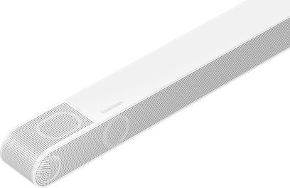 Soundbar Samsung HW-S801B bianca, vista dall'alto, forma rettangolare allungata con griglia metallica sulla superficie superiore