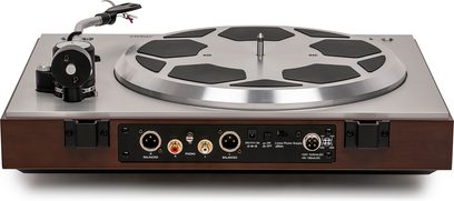 Thorens TD 404 DD platespiller i valnøtt, bakvisning med aluminiumstallerken, tonerarm og phono-tilkoblinger