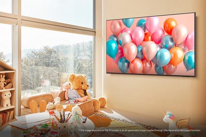Samsung TQ65Q7F4 2025 sort højopløsnings-tv med ultratynd metal- og glasramme til vægmontering, set fra trekvart forfra, fladskærm der viser farverige balloner