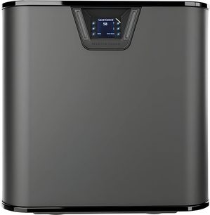 MartinLogan Depth 212 subwoofer i sort højglans, set forfra med centralt blåt baggrundsbelyst kontrolpanel