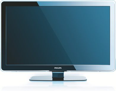 Philips 42PFL9603H fladskærms-TV, set forfra, mørkegrå ramme, ensartet mørkeblå skærm, sølvfarvet fod