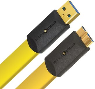 Dwa żółto-czarne kable USB, złącza USB-A i micro-USB, marki Wireworld, model Chroma 8 USB 3.0