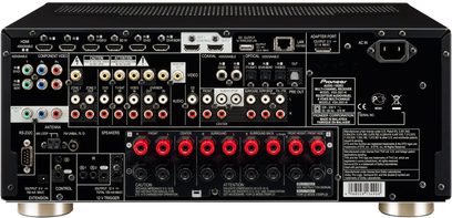 Zesilovač domácího kina Pioneer VSX-2021-K, zadní strana, pohled shora, množství audio/video konektorů, FM anténa, reproduktorové výstupy